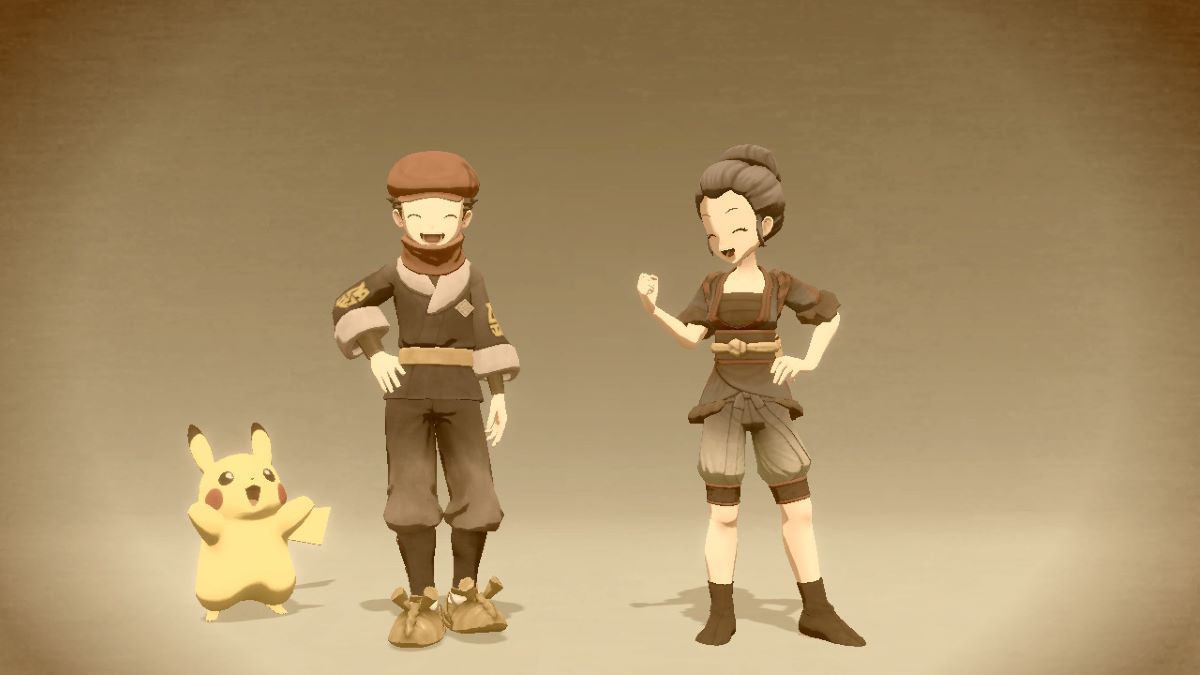 Pikachu, Rei, and the player pose for a photo in Pokemon Legends: Arceus