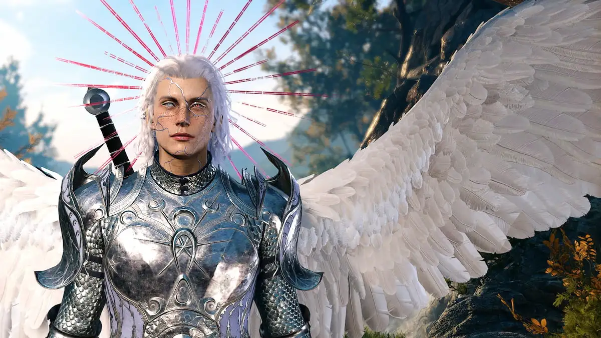 angelic humanoid aasimar in baldur's gate 3 with fair hair and skin as well as wings and a halo