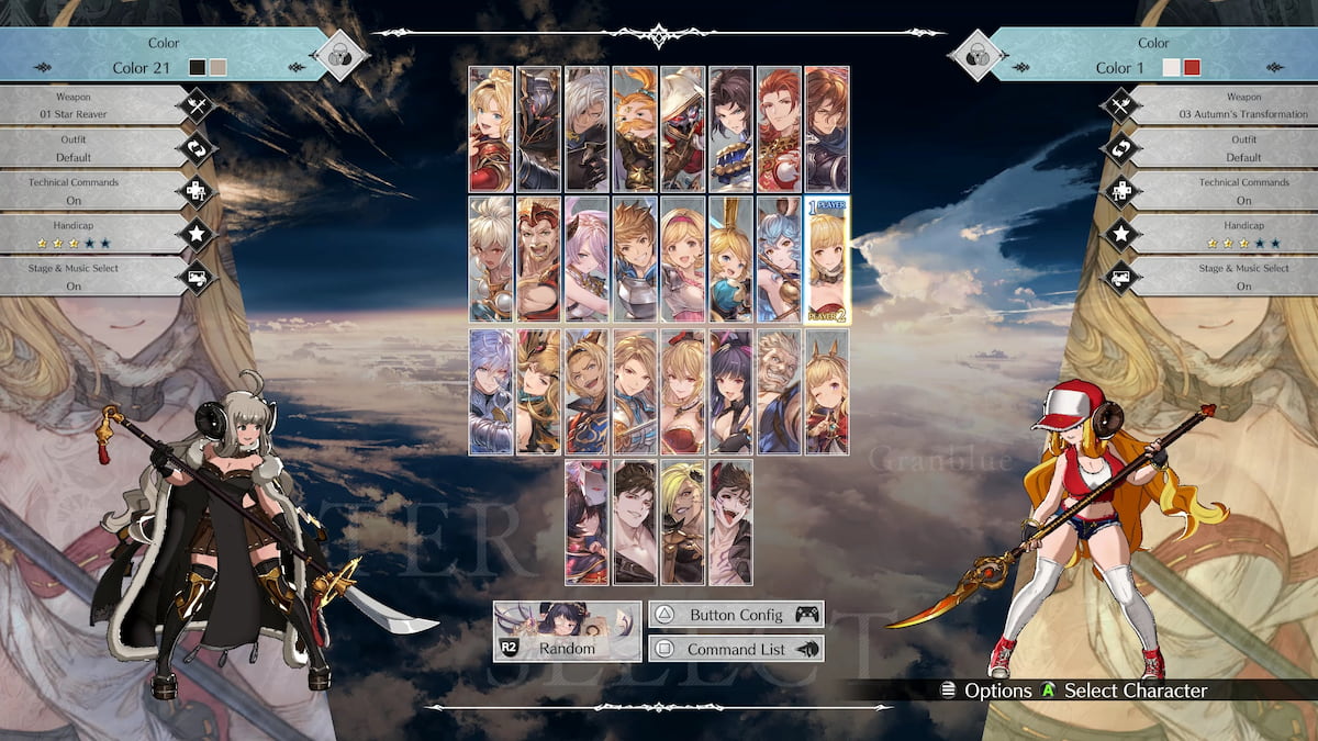Anila on the Granblue Fantasy Versus Rising character select screen with two different modded costumes.