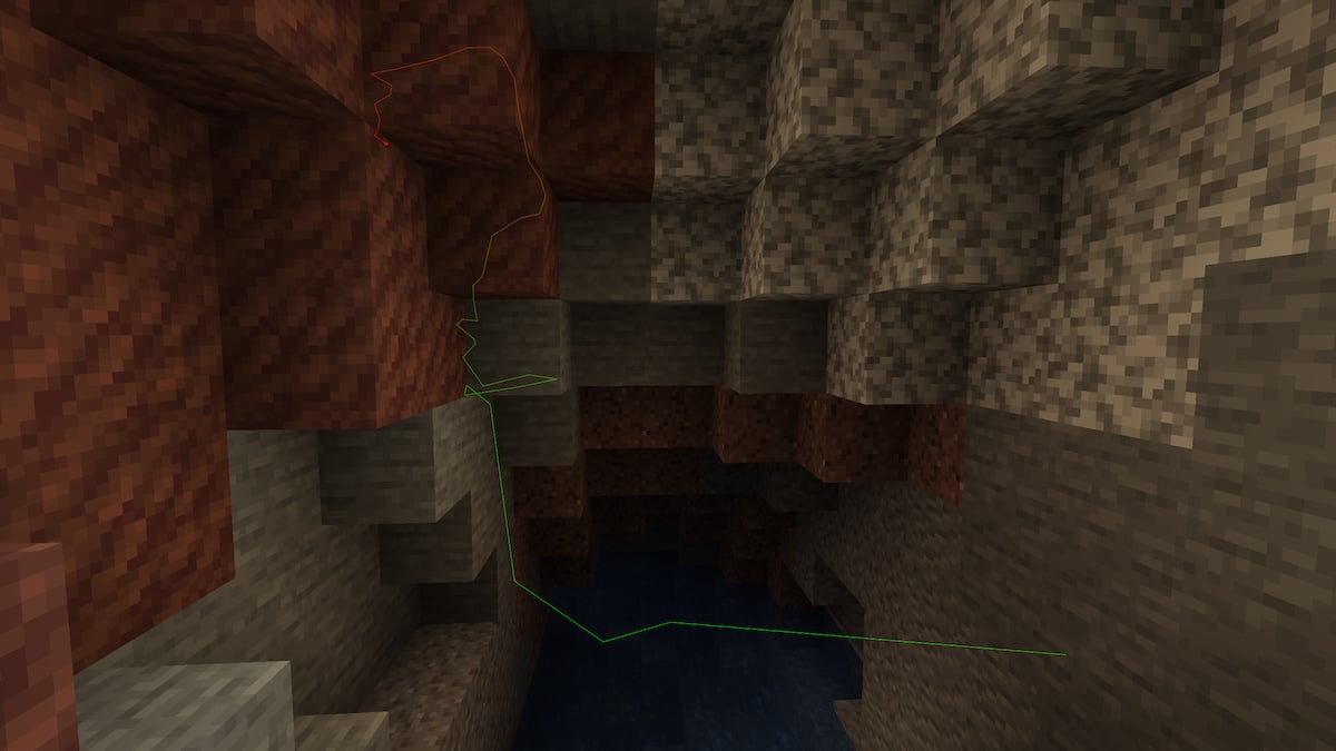 A cave with the Ariadnes Thread mod item being used in the background.