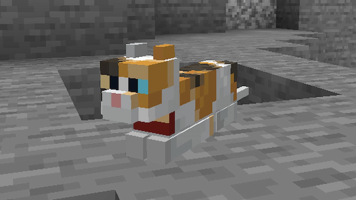 A Minecraft cat utilizing a new sitting position from the Cat Loaf mod.