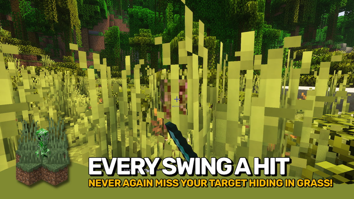 A player swinging a sword and hitting a creeper behind tall grass in the Cut Through mod.