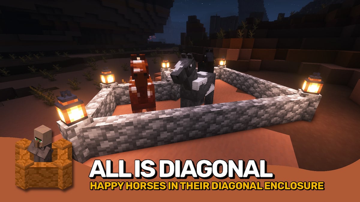 Showcasing the Diagonal Walls Minecraft mod with a player-made pen holding three horses.