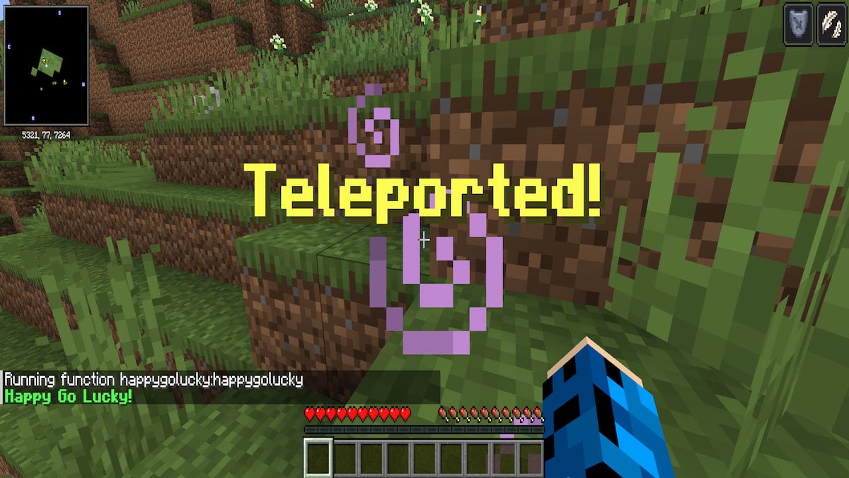 A player after being teleported with the Happy Go Lucky mod.