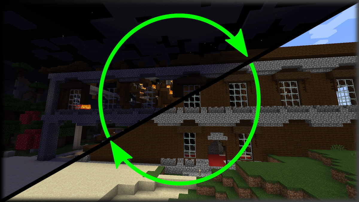 The before and after states of a woodland mansion in the Respawning Structures Minecraft mod.