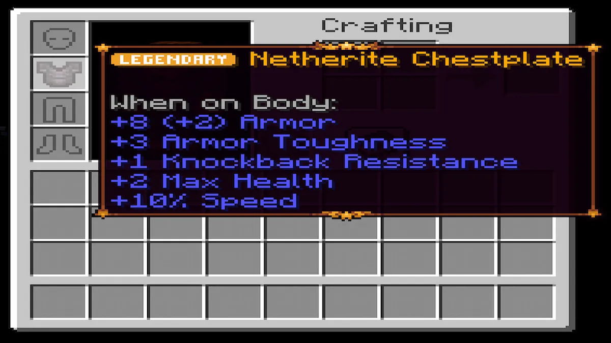 The crafting menu in the Tierify Minecraft mod, highlighting a Legendary armor piece.