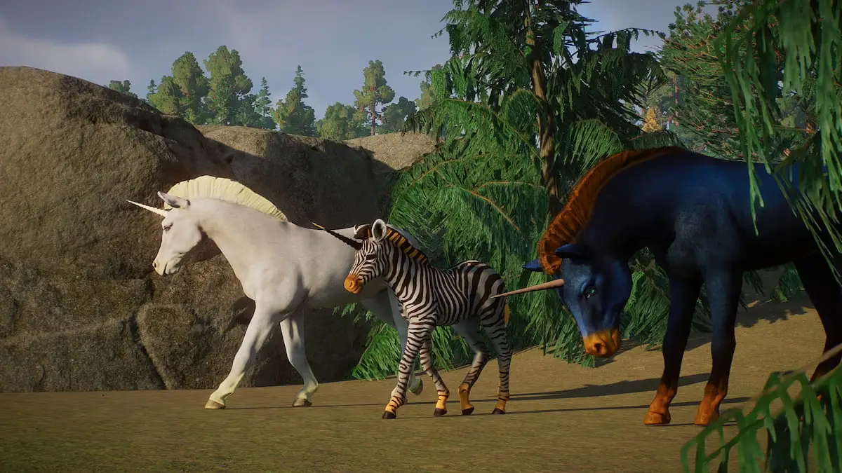 A group of three unicorns from the Planet Zoo Unicorn mod.