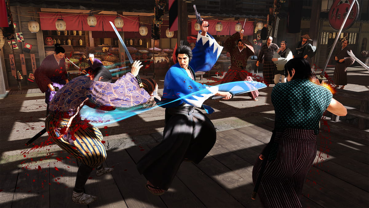blue robed samurai surrounded by enemies