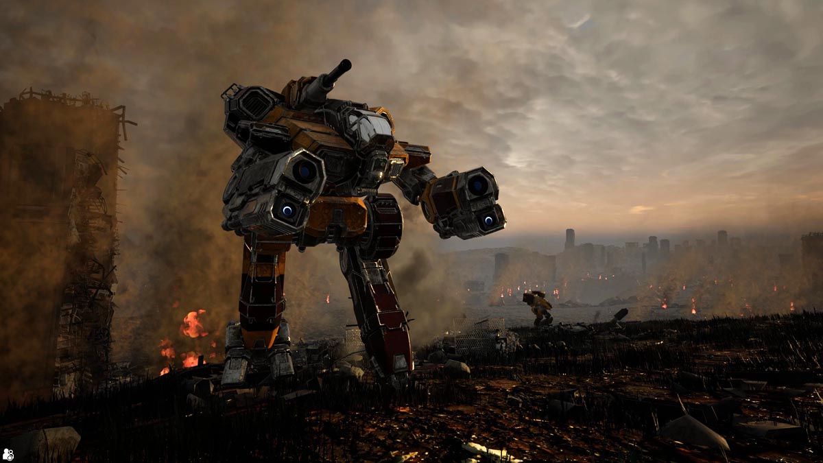 Mech stands in the middle of the destruction in Mechwarrior 5