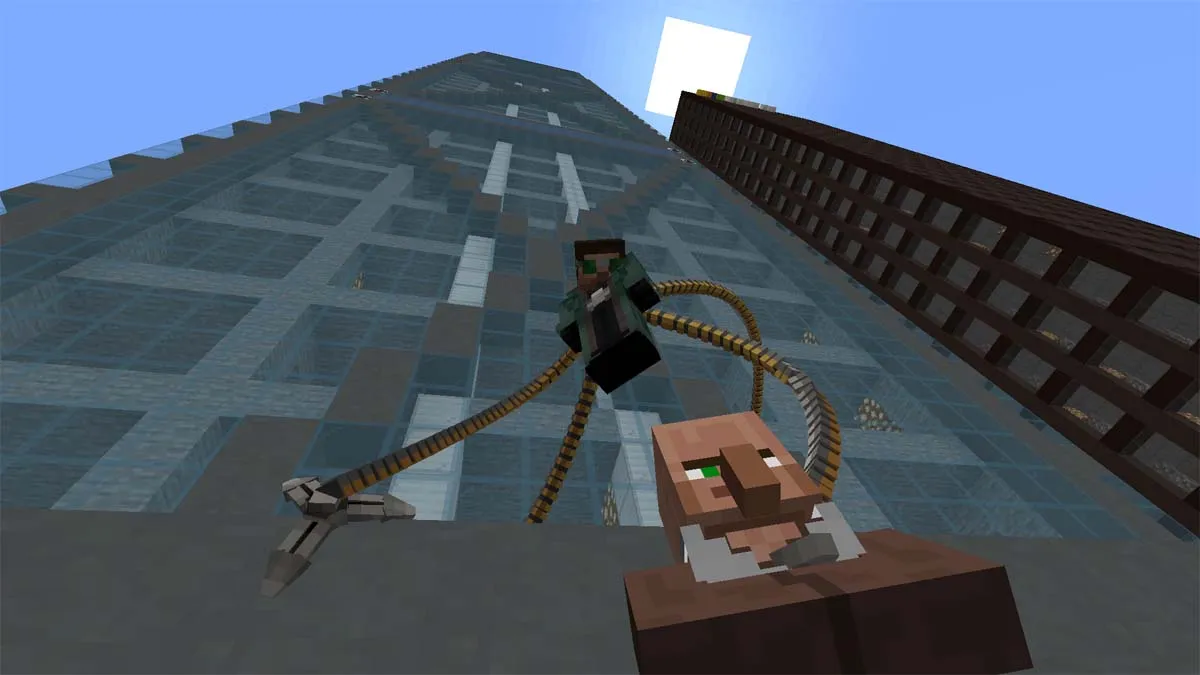Doctor Otto Octavius hangs off the building in Minecraft 