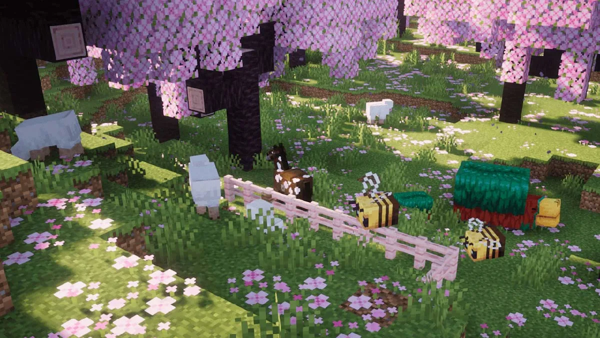 Bees flying under the cherry tree in Minecraft