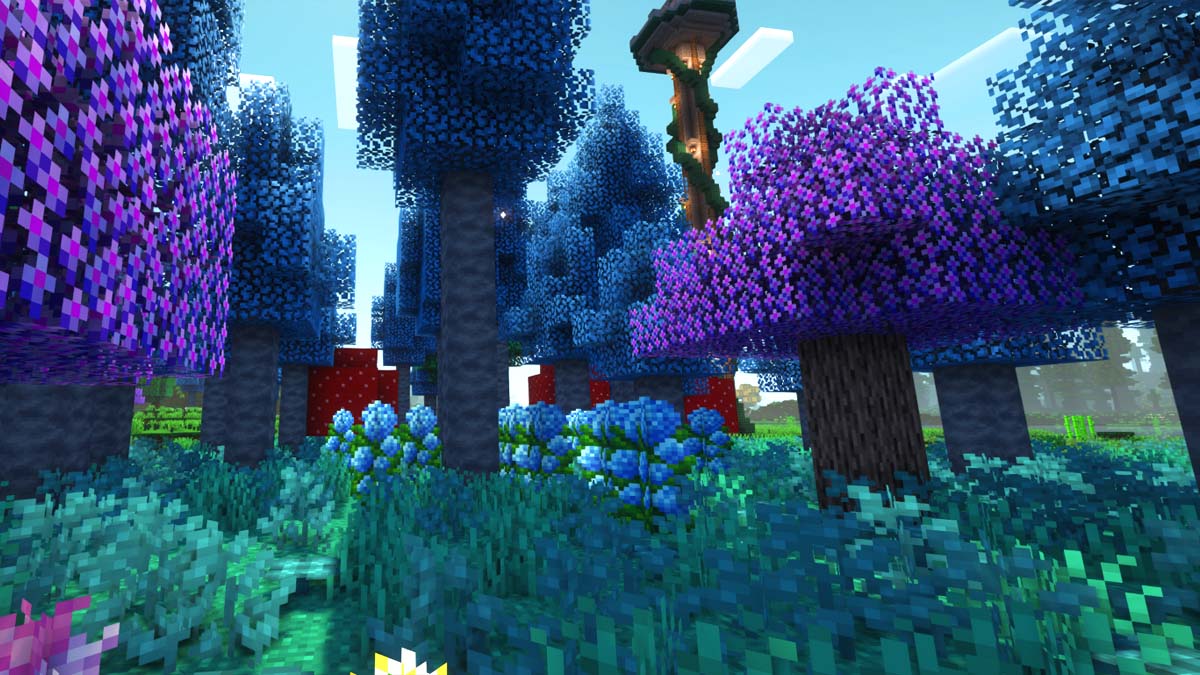 Lush Minecraft landscape with trees and tall structure