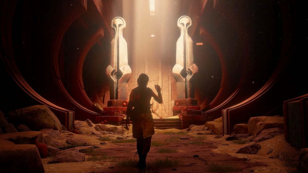 Unknown 9: Awakening screenshot featuring the main character walking through a temple building.
