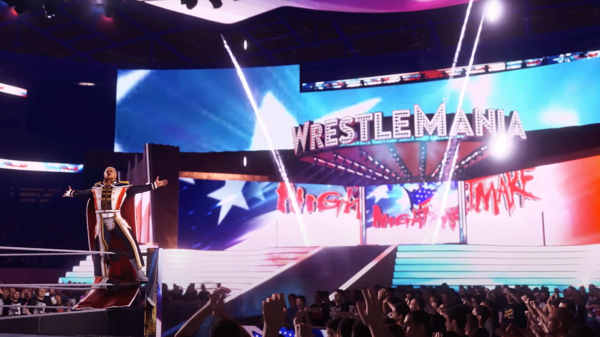 WWE 2K24 wrestlemania, wrestler standing on ropes with crowd cheering