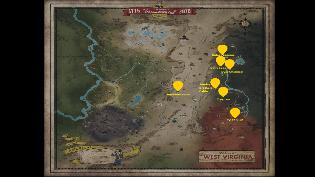A map showing all Gulper locations in fallout 76.