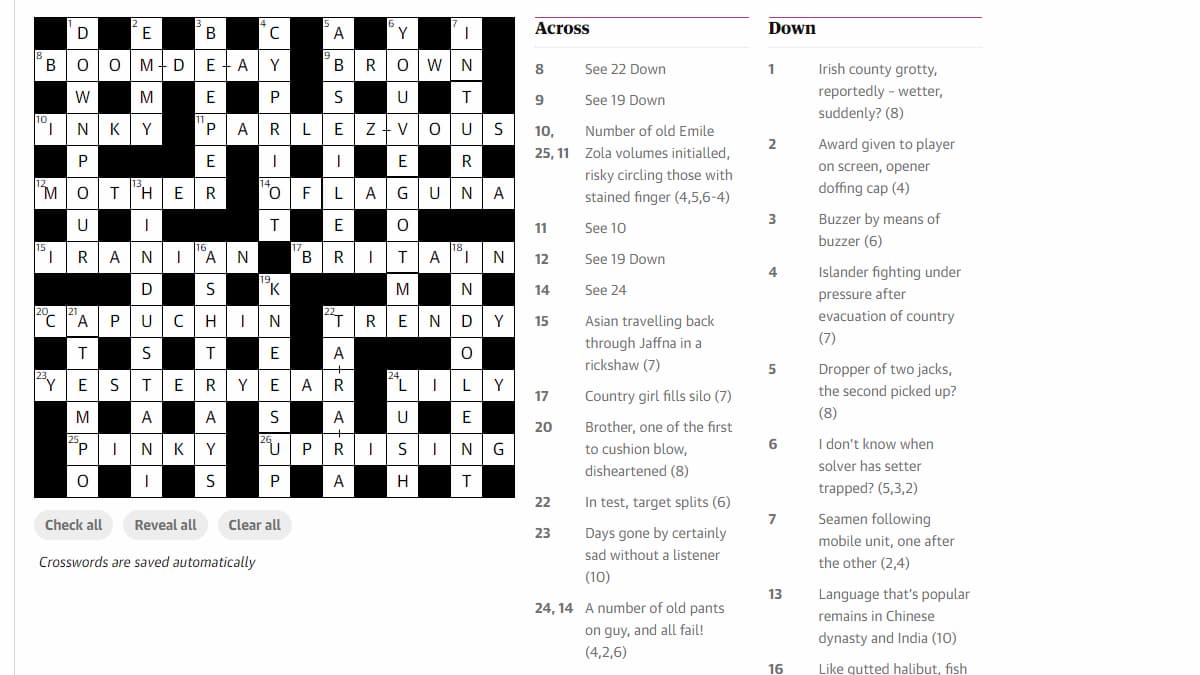 Cryptic Crossword Puzzle on the Guardian