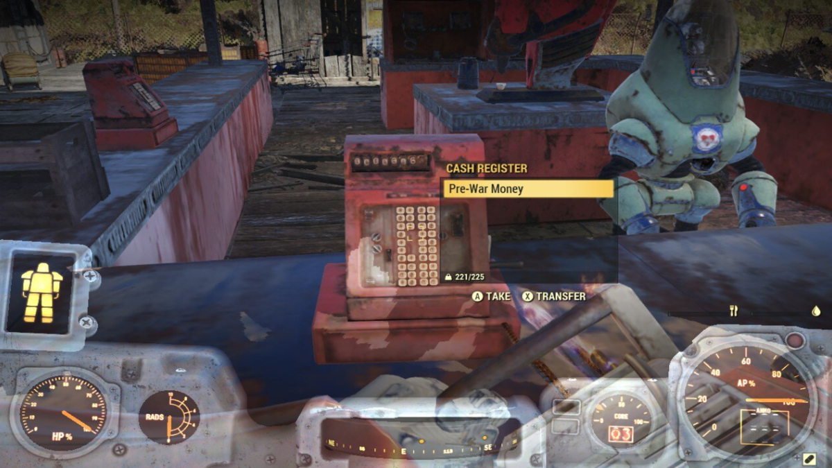 Looting a Cash Register to find Pre-War Money in Fallout 76.