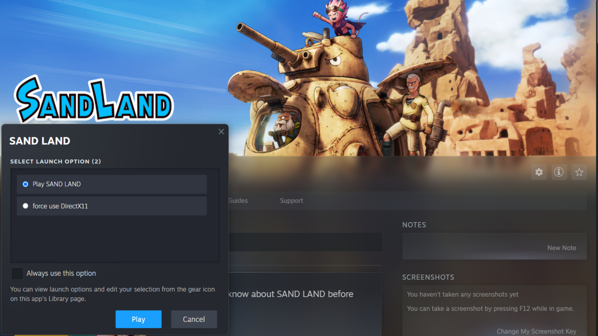 Choosing DirectX 12 or 11 when launching Sand Land via the Steam Client.
