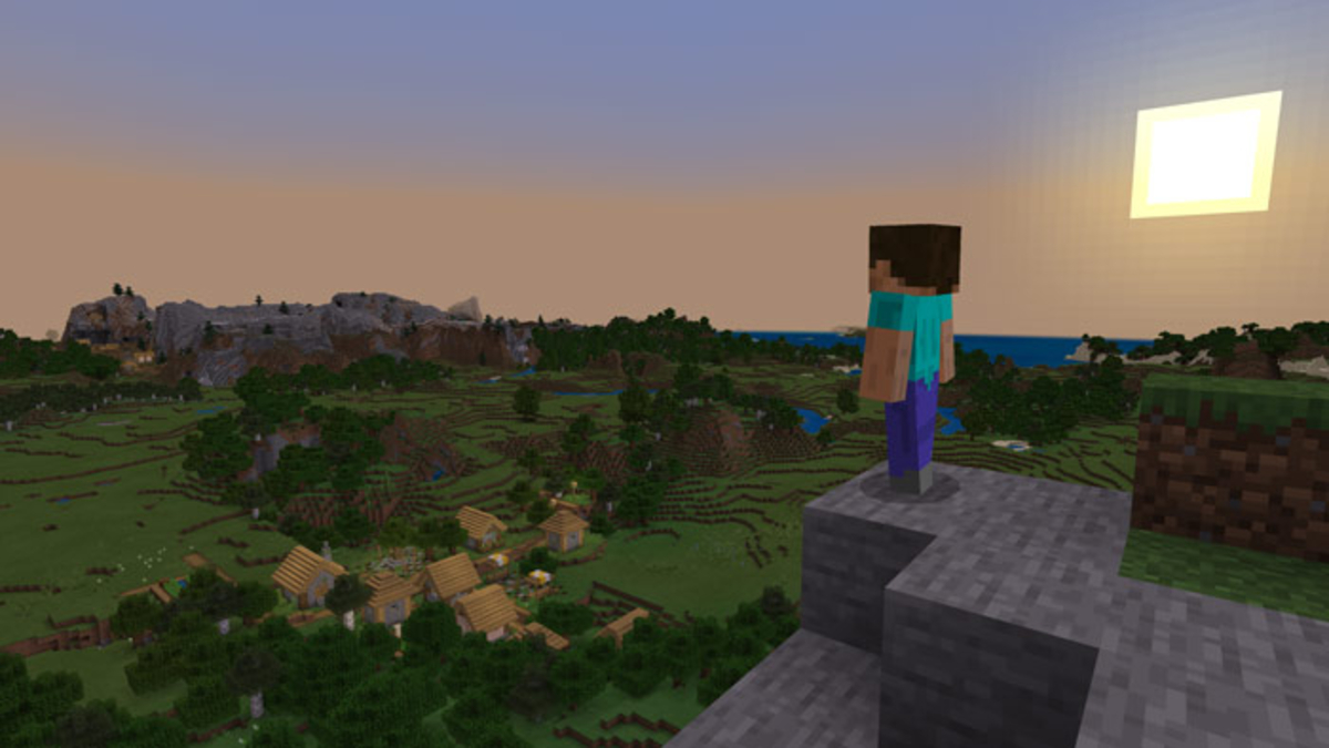 Steve looking at the Overworld in Minecraft.