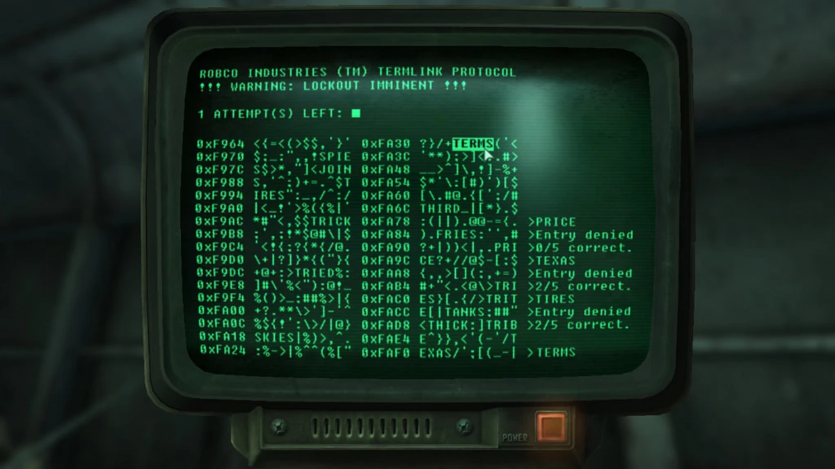 Hacking a terminal in Fallout: New Vegas.