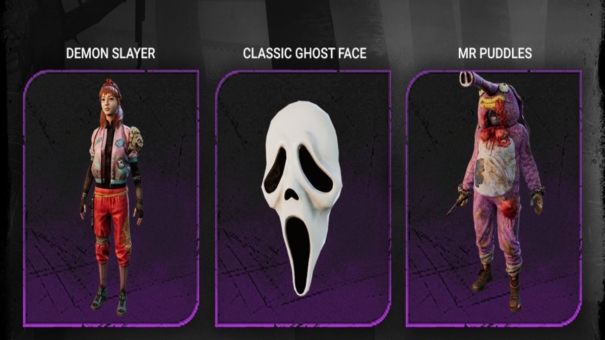 The Ghost Face Classic Mask (Head), The Clown's Mr Puddles Cosmetic (Outfit), Feng Min's Demon Slayer Cosmetic (Outfit) in Dead by Daylight.