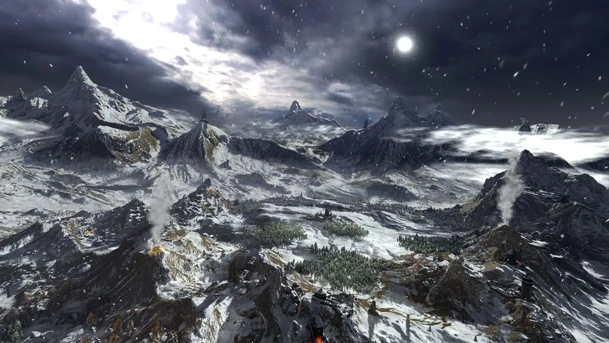 Snowy landscape at night in Warhammer 3