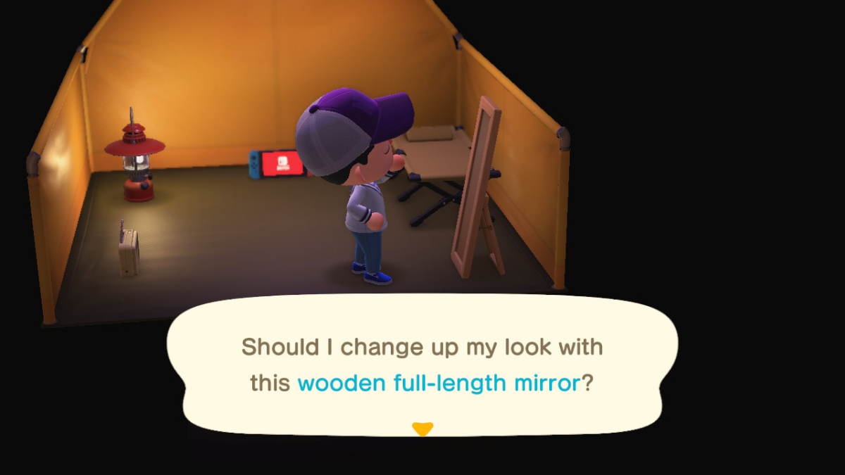 character looking in the mirror inside of a tent