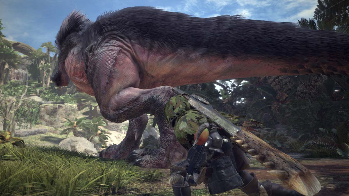 Chasing a giant dinosaur in Monster Hunter: World