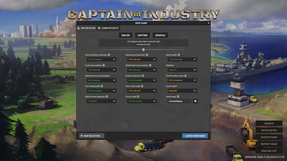 Main menu display in Captain of Industry