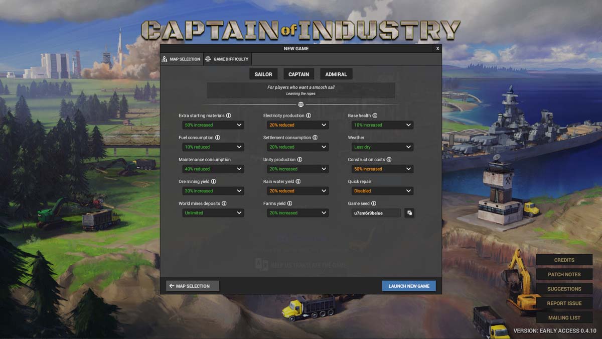 Main menu display in Captain of Industry