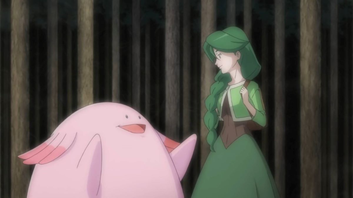 Cheryl and Chansey in Eterna Forest in Pokemon anime
