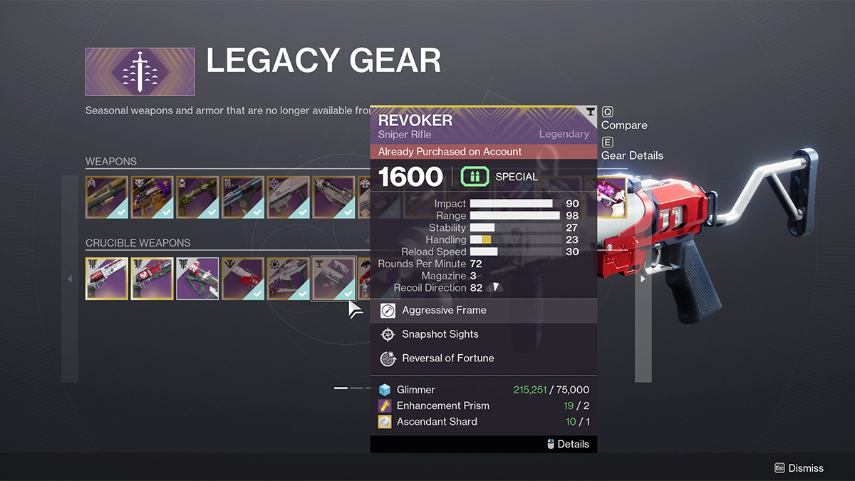 The Monument to Lost Lights Legacy Gear screen in Destiny 2