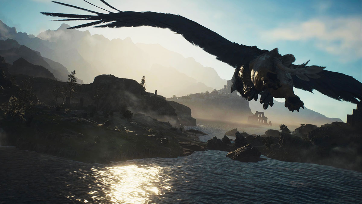 A griffon flying through the environment in Dragon's Dogma 2