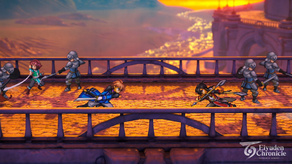 Characters battling on a bridge during a sunset
