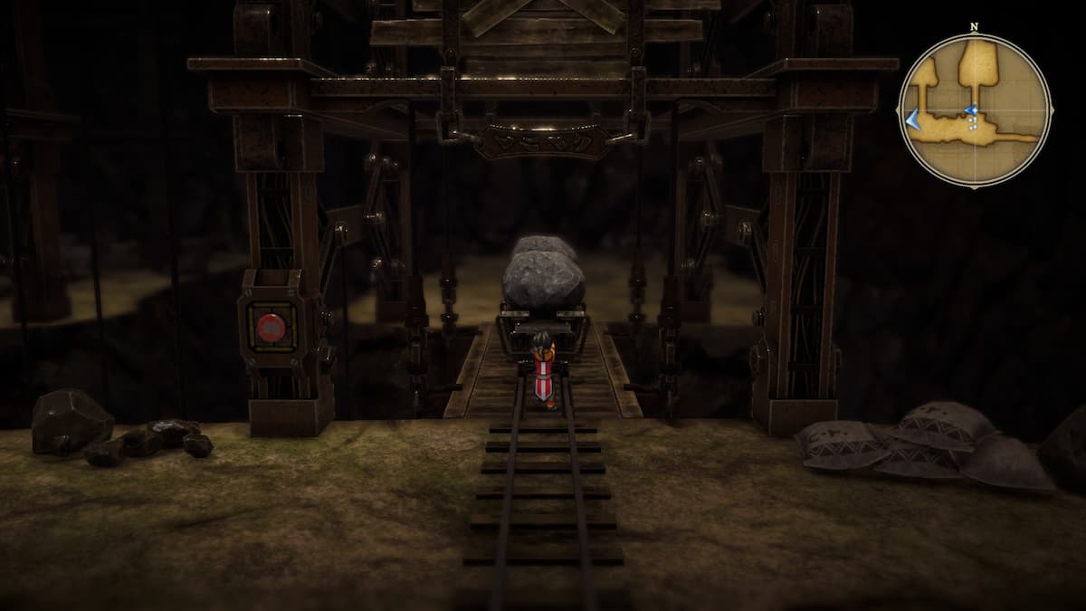 Nowa pushing a second mine cart onto the elevator track