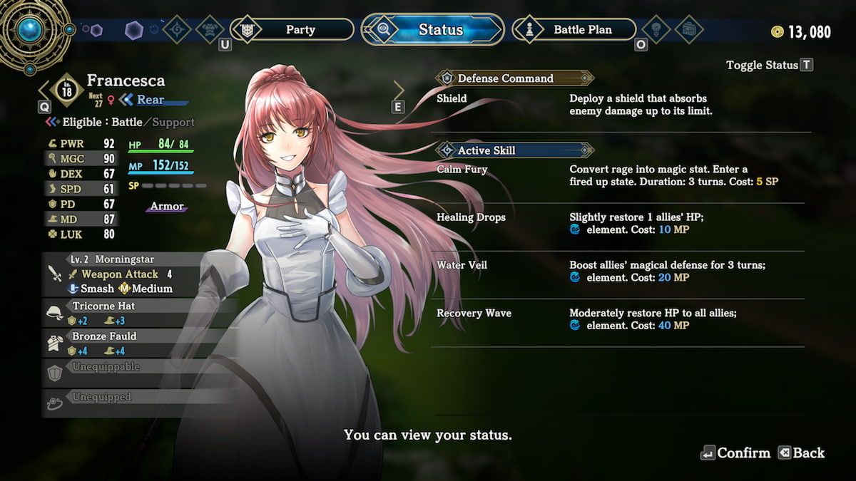 Status page in the menu with details on Francesca 