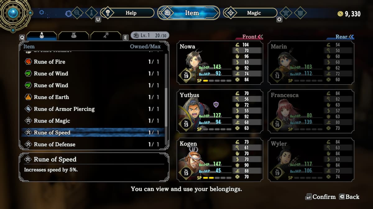 Inventory menu with runes shown on the left side