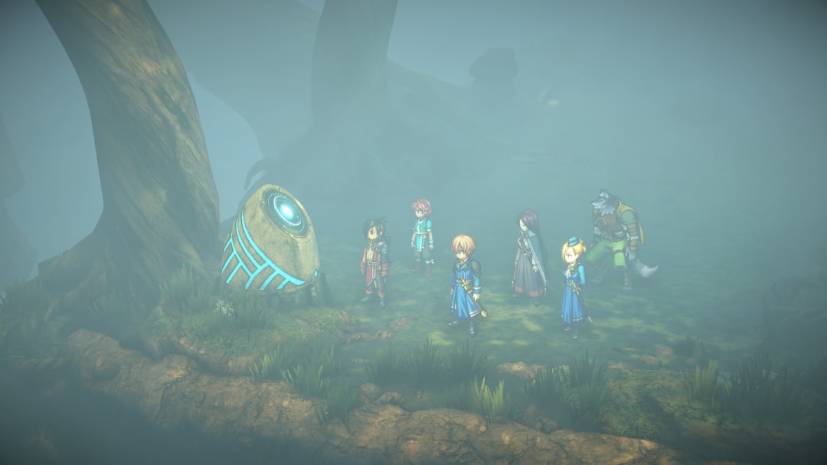 Grupa bohaterów stojąca przed drugim kamiennym reliktem w mglistym obszarze