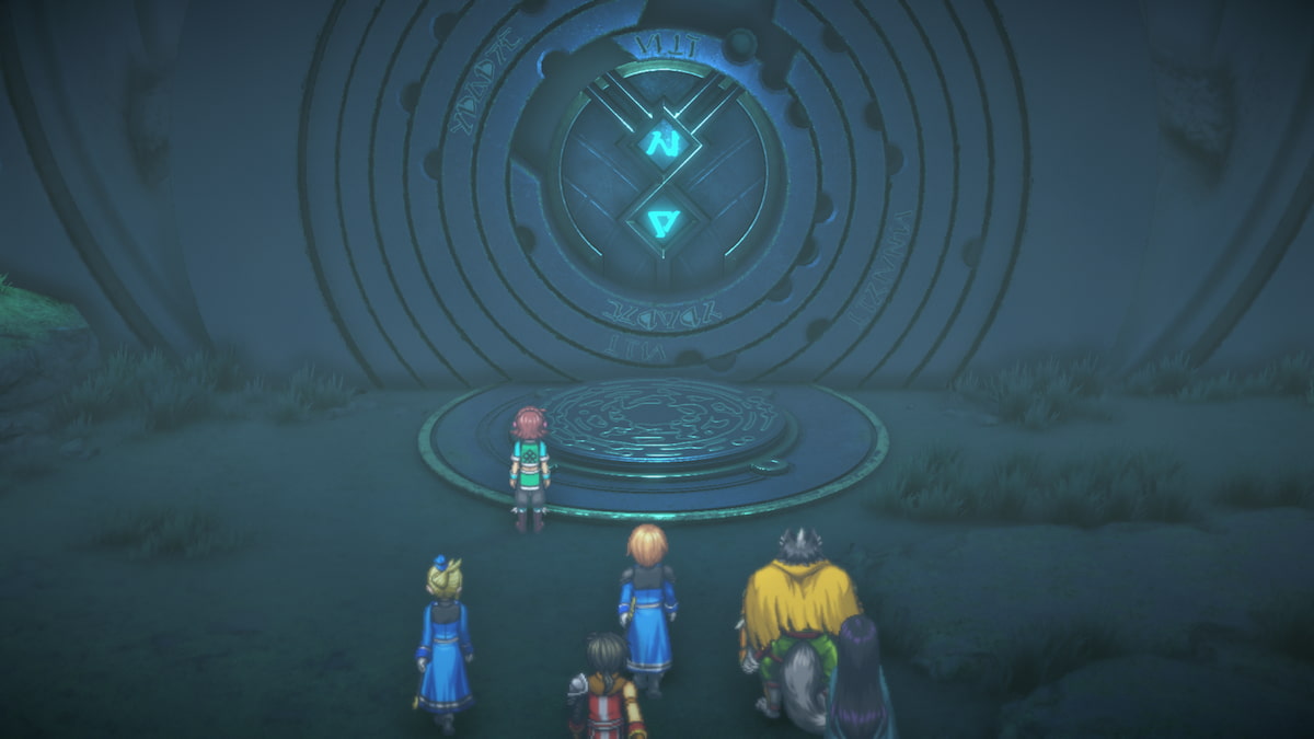 Heroes standing in front of The Barrows entrance, glowing circle door made of stone