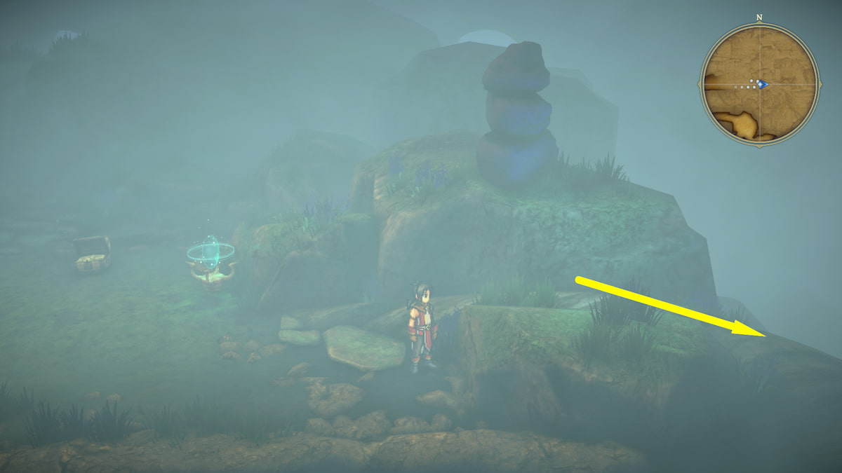 Mist covering area, tree trunk leading down to the right, just past the save point