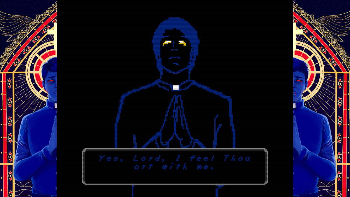 A pixelized priest praying in  Faith: The Unholy Trinity 
