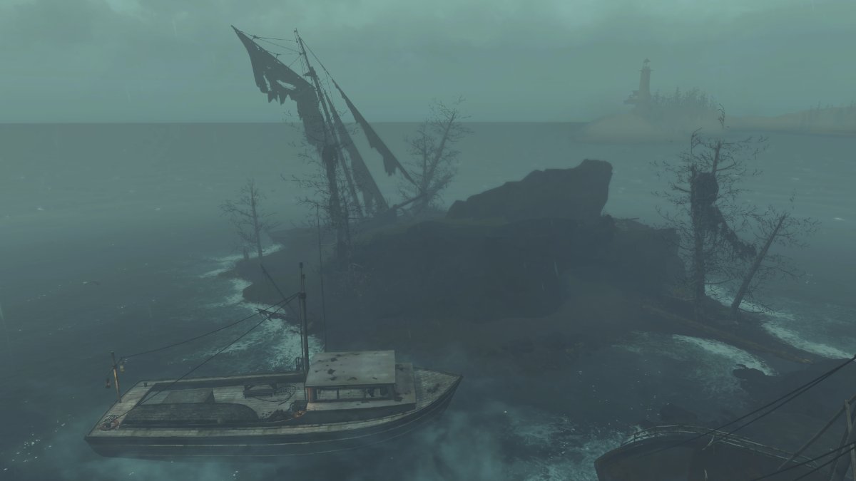 A small ship sitting close to a small island, only a few feet wide, surrounded by fog.