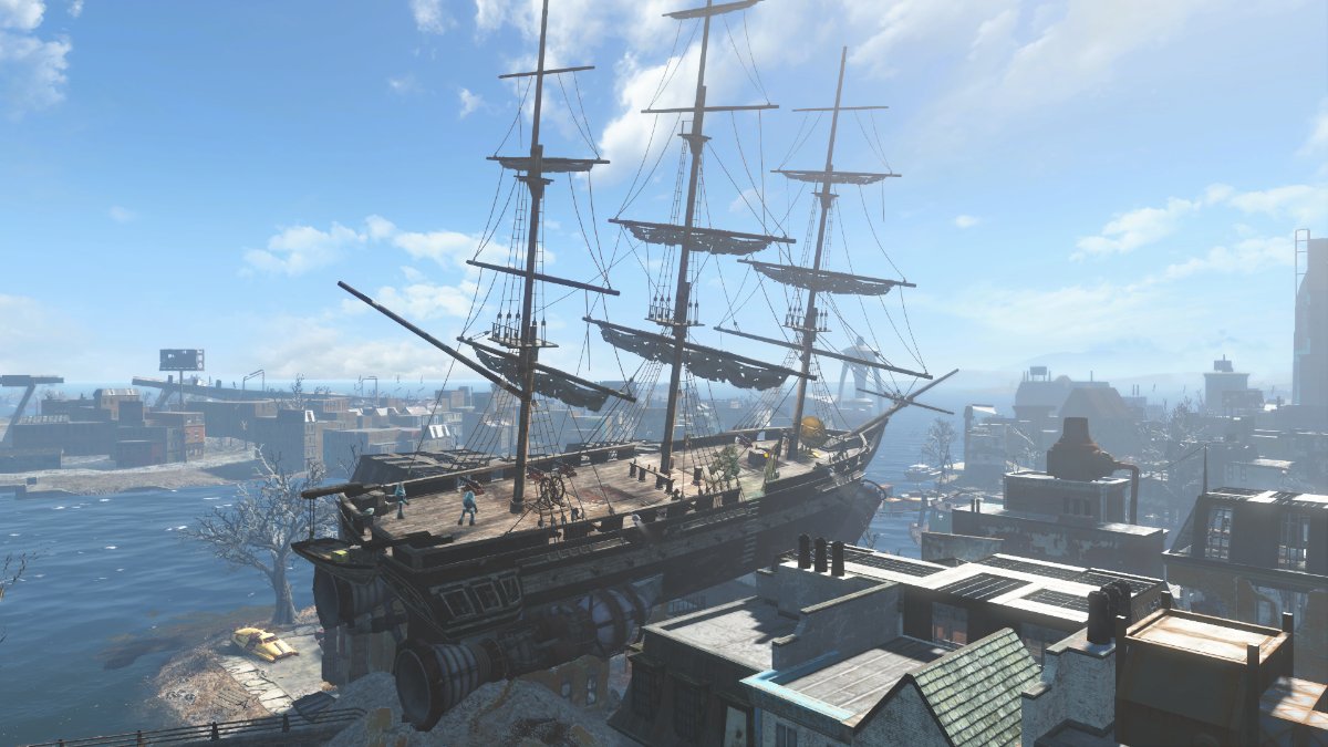 a large wooden ship stuck on top of a building.