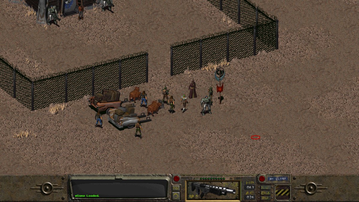The protagonist and some of their companions walking in front of a gate in Fallout 1.