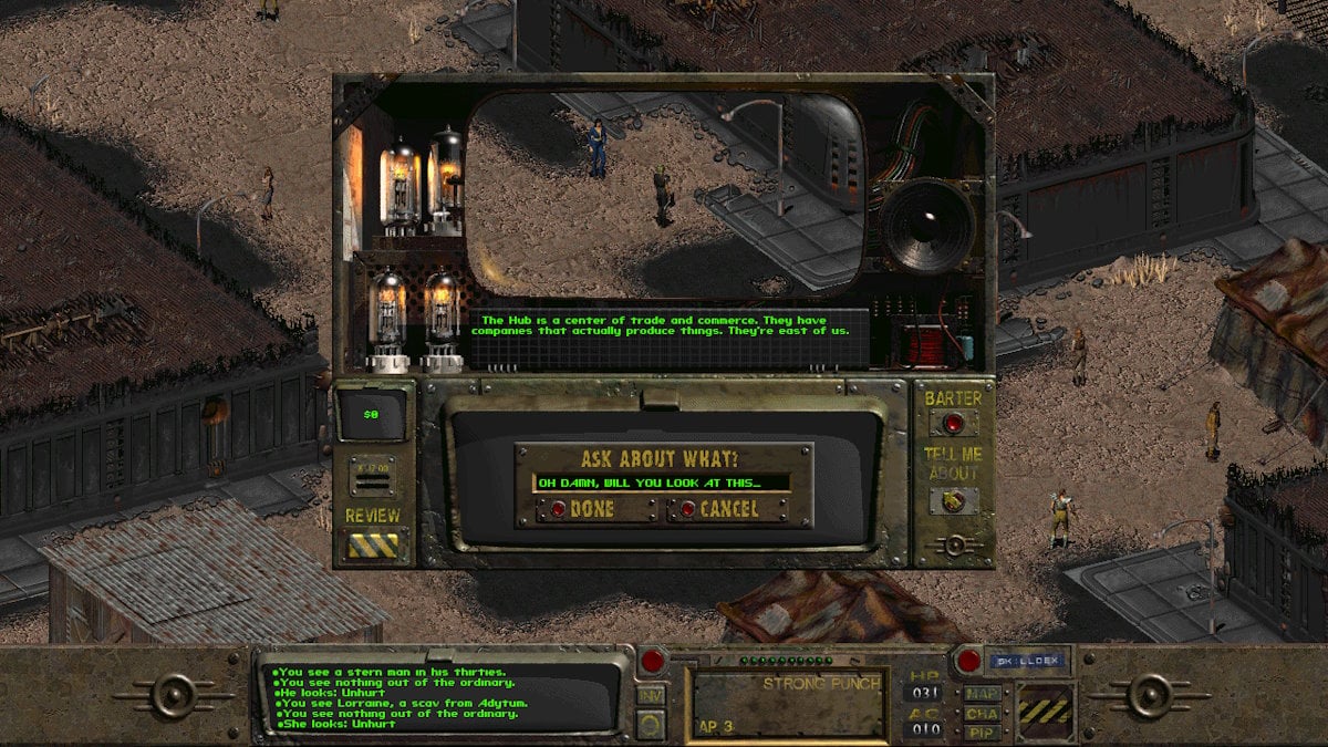 A dialogue screen from Fallout 2 in which the player can write what to ask.