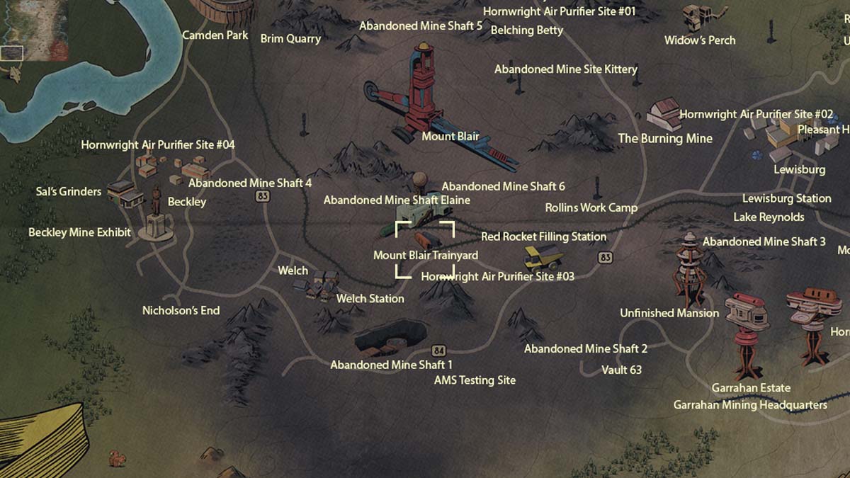 Mount Blair Trainyard map location in Fallout 76