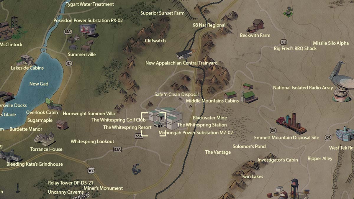 Whitespring Bunker & resort map location in Fallout 76