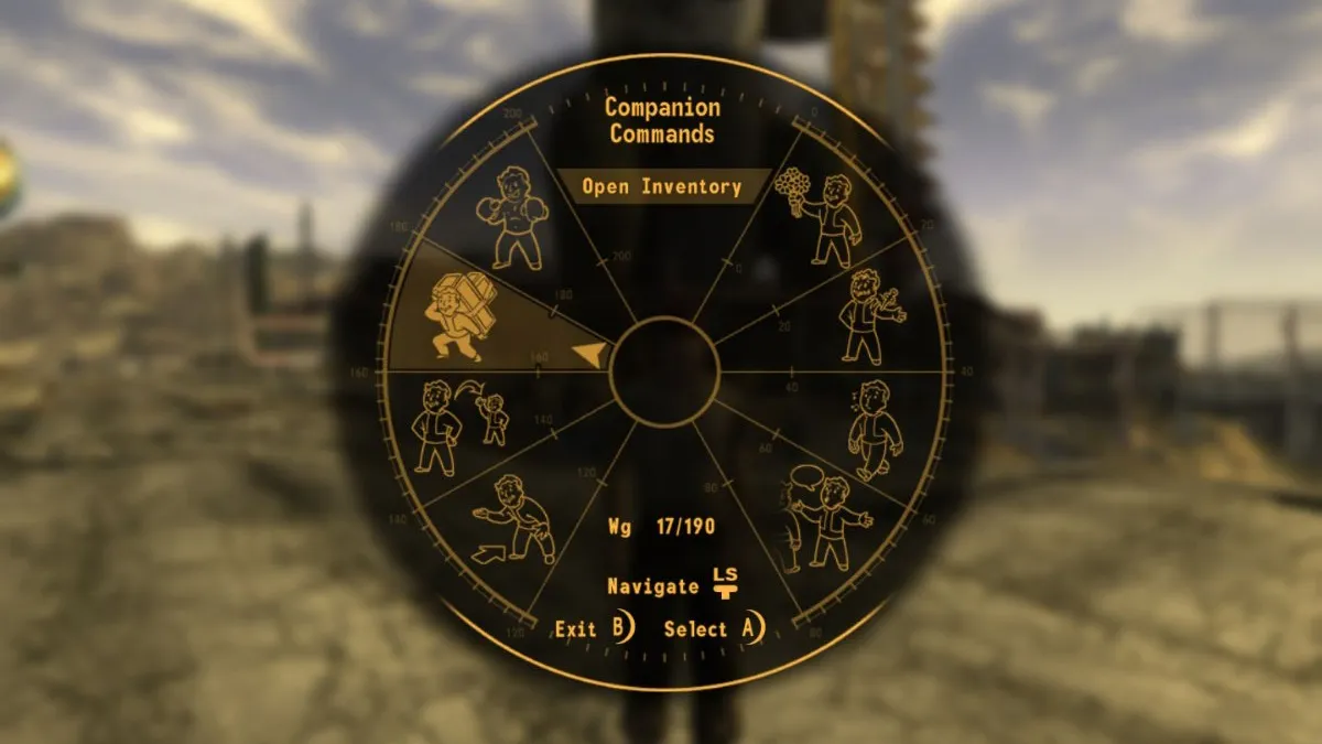 The companion command wheel from Fallout: New Vegas, featuring many different commands to give to companions.