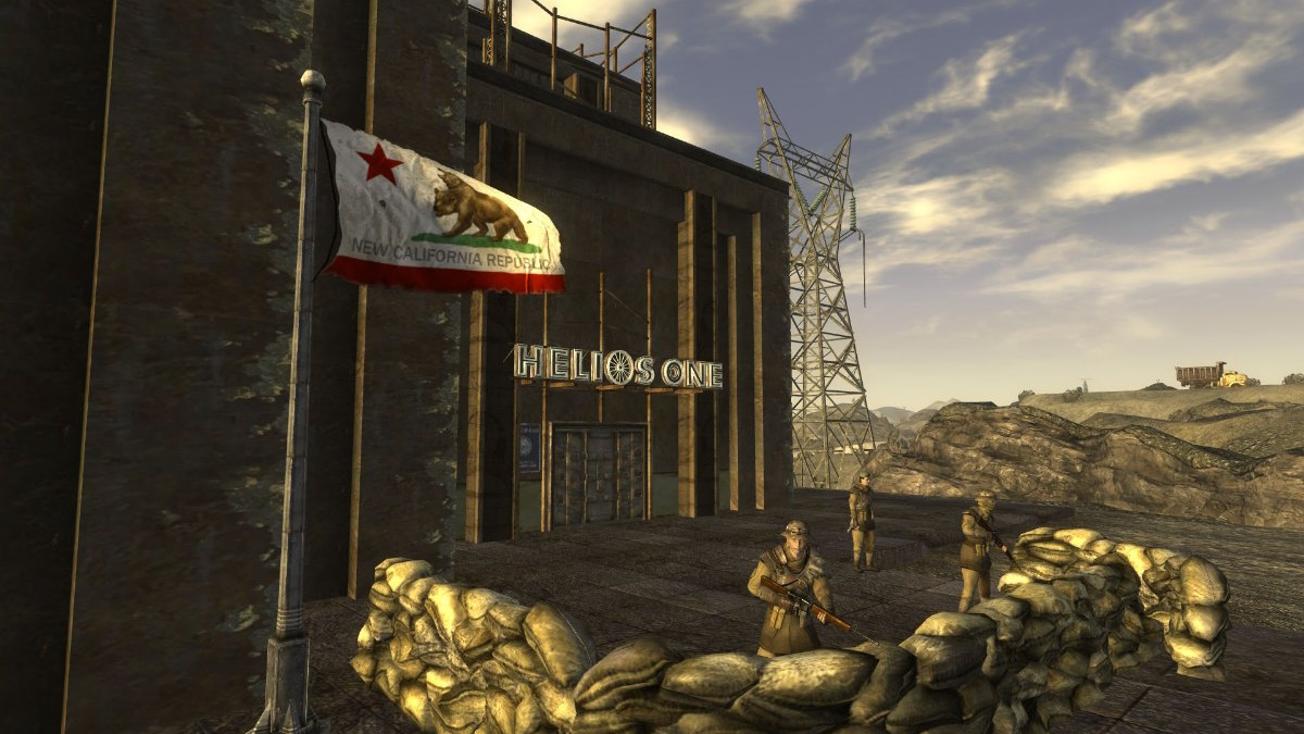 NCR soldiers patrol the entrance to Helios One. A sign saying "Helios One" is visible in the background.