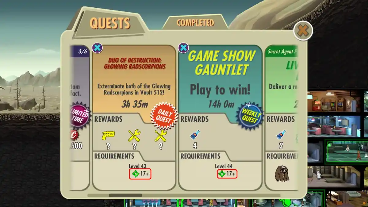 Circled damage requirement for specific quests. 